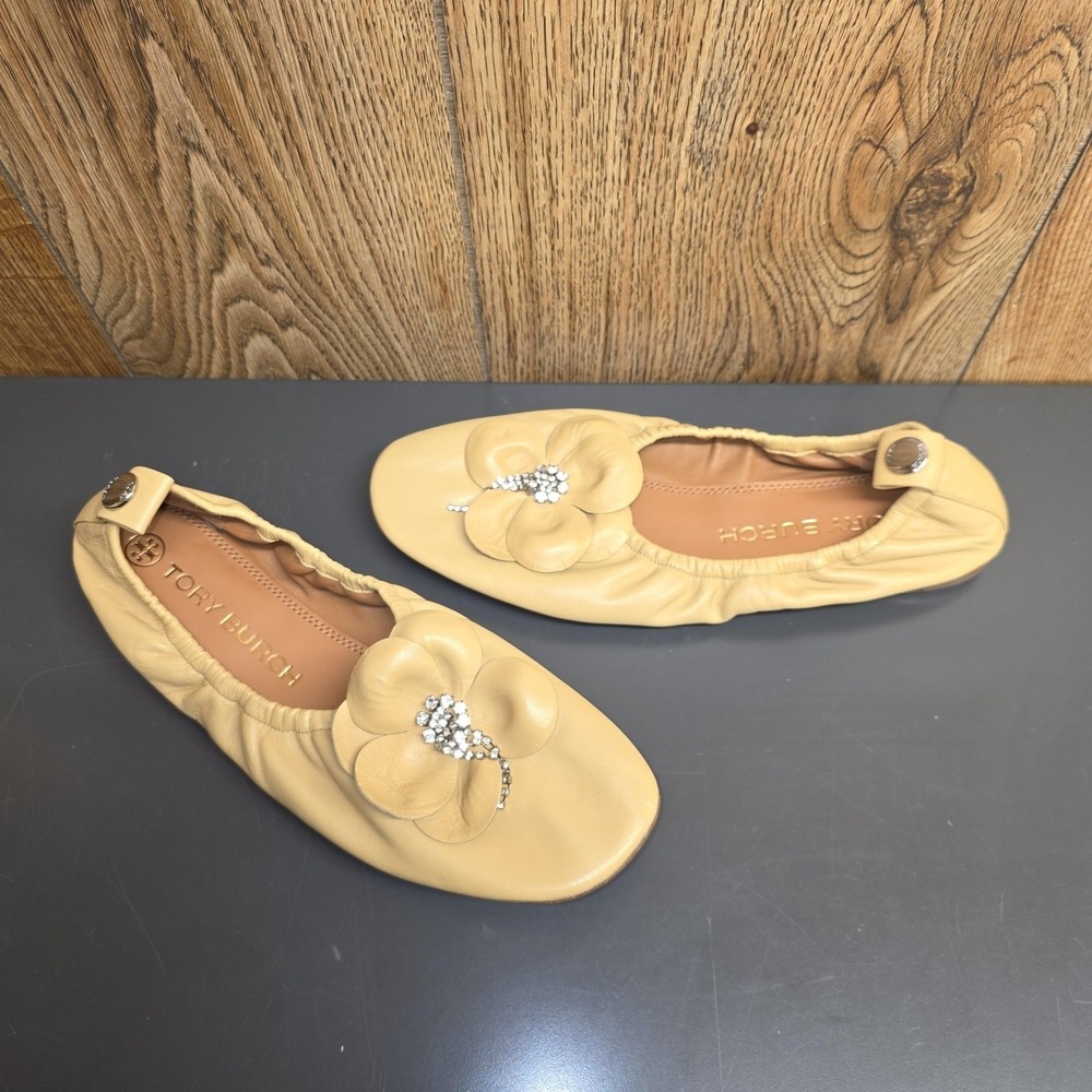 Tory Burch Ballet Flat Shoes Women 9.5 Beige Leather Rhinestone Floral - Picture 9 of 9